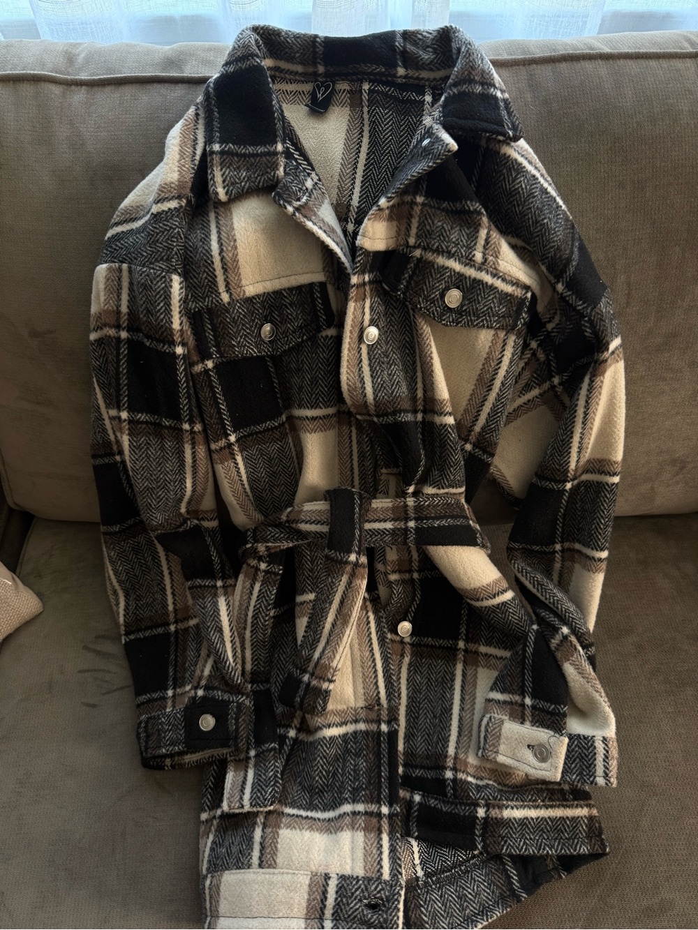 Windsor Black Brown & Cream Plaid Flannel Belted Shirt Long Jacket
